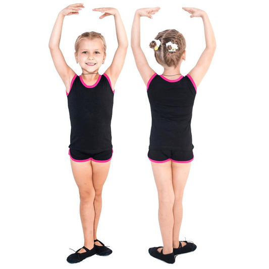 Gymnastics T-Shirt with Trim Indigo Black-Fuchsia