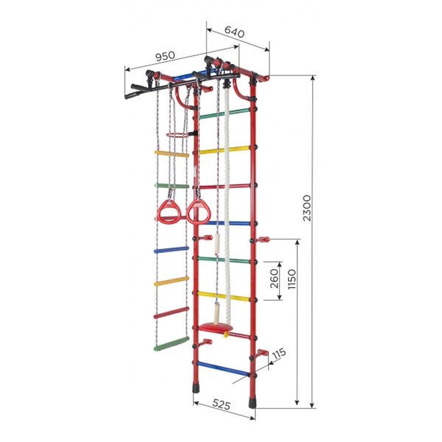 Gamma Children's Wall Gym with Stall Bars, Pull-Up Bar, Rings, Ladder, and Swing 230*64*52 cm
