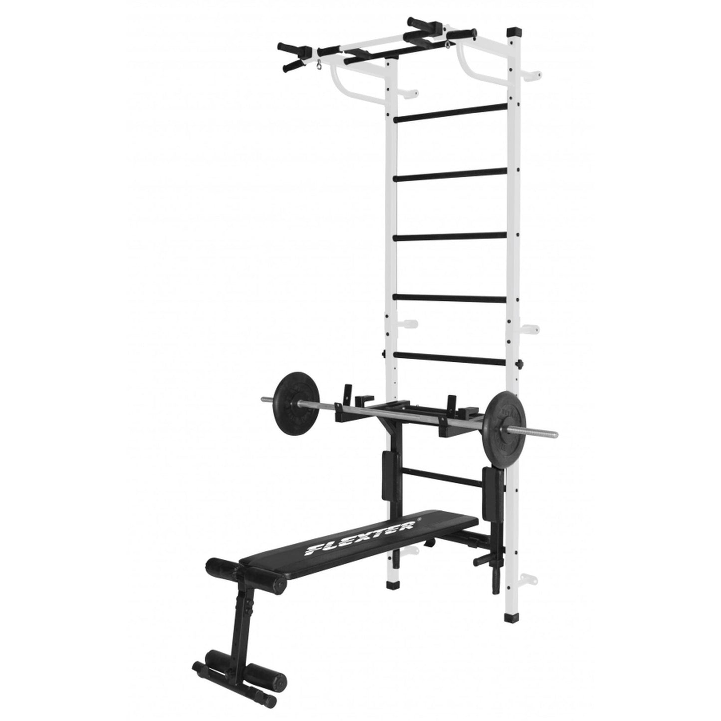 Salle de Gym Adulte Murale "3 en 1" avec Espalier, Barres pour Dips, Banc Pliable et Barre de Traction Bogatyr Flexter Blanc - Noir 246*110*68.5 cm