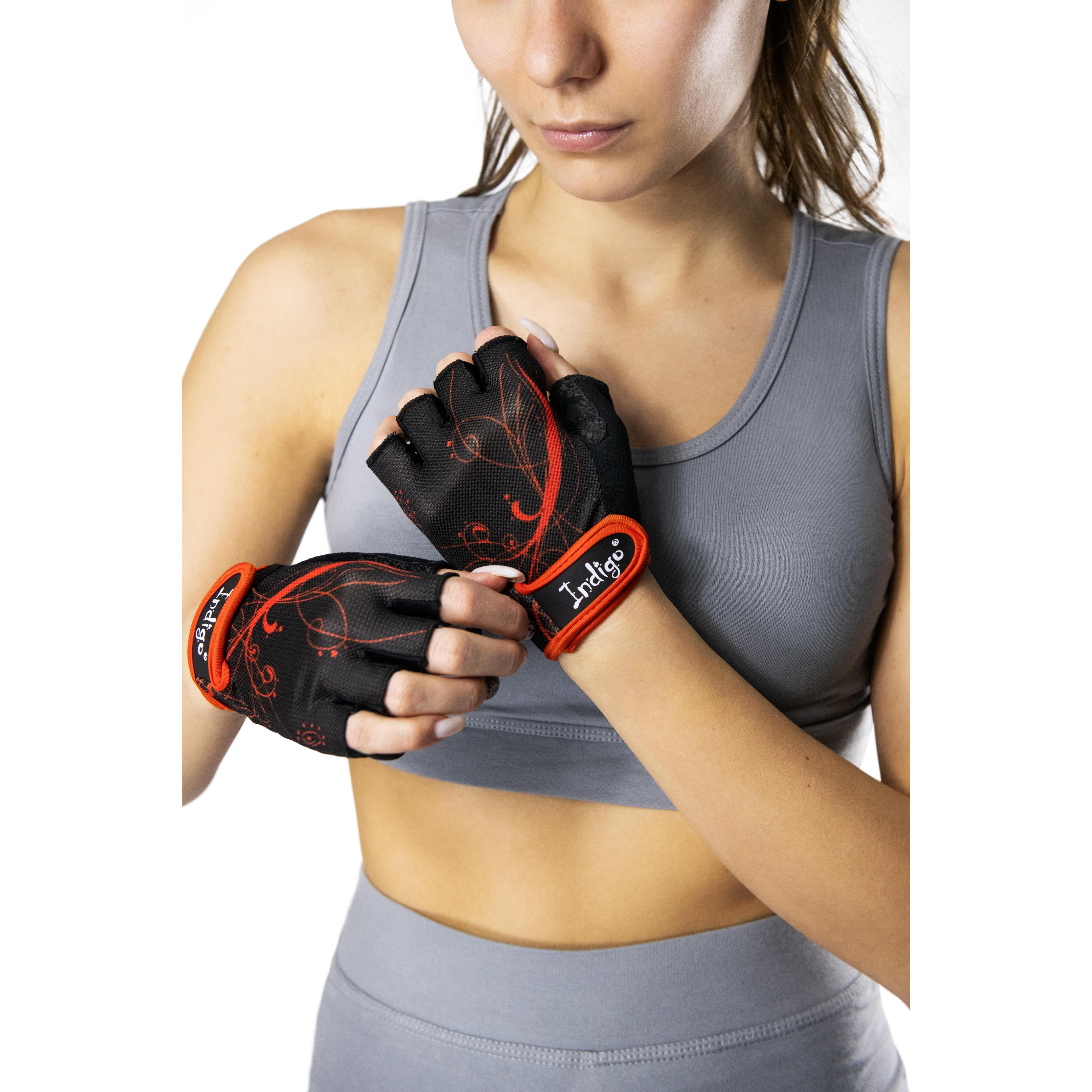 Fitness-Handschuhe aus Elasthan, Mesh und Wildleder für Damen INDIGO Schwarz-Orange