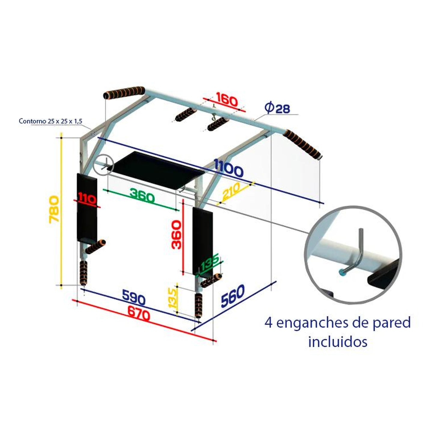 Barre Horizontale Murale Légère Jusqu'à 130 Kg "3 en 1" MONGOOSE SPEKTR Blanc 78*67*56 cm