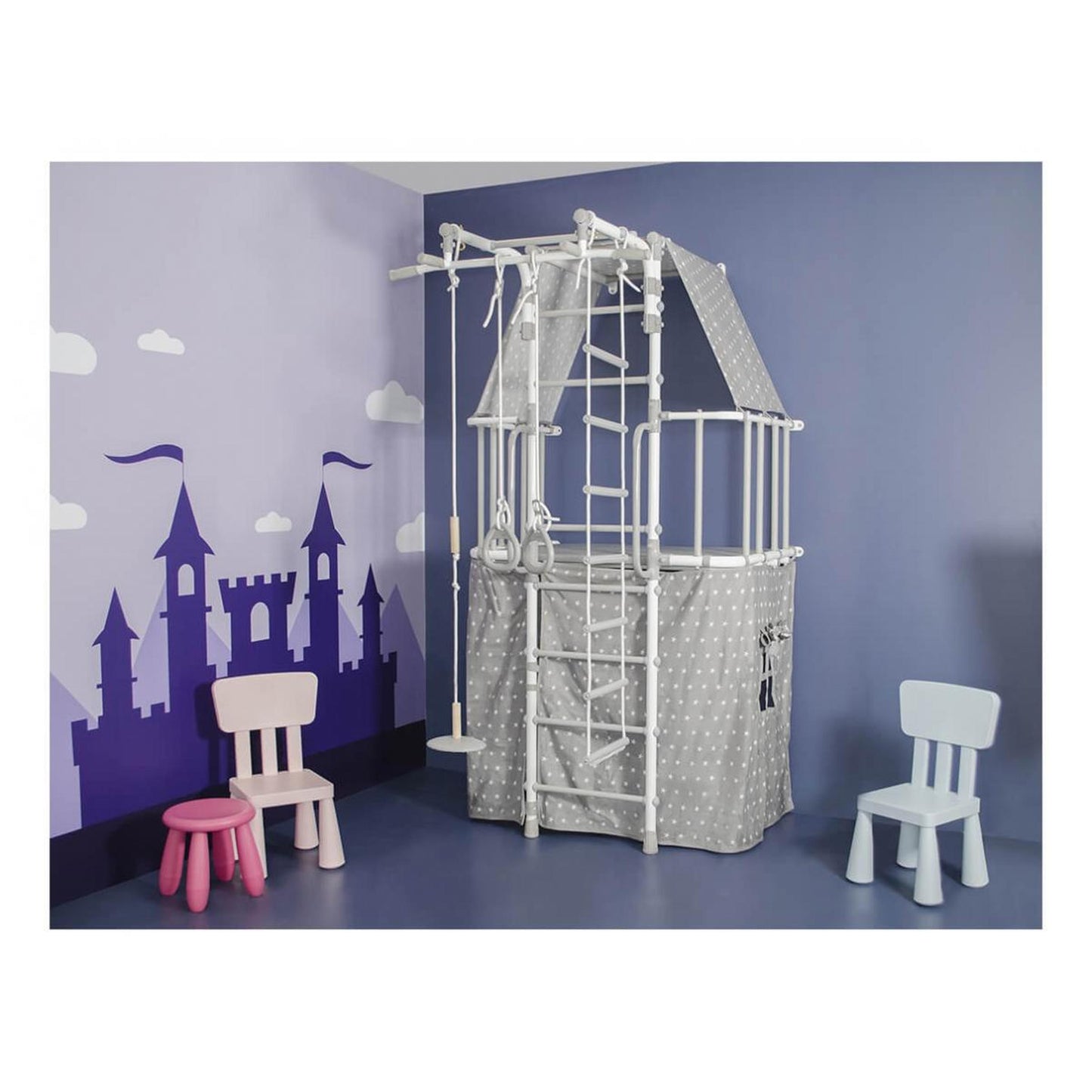 INDIGO PASTEL Wall Children's Gym with Stall Bars, Rings, Ladder, and Swing 226*115*156 cm