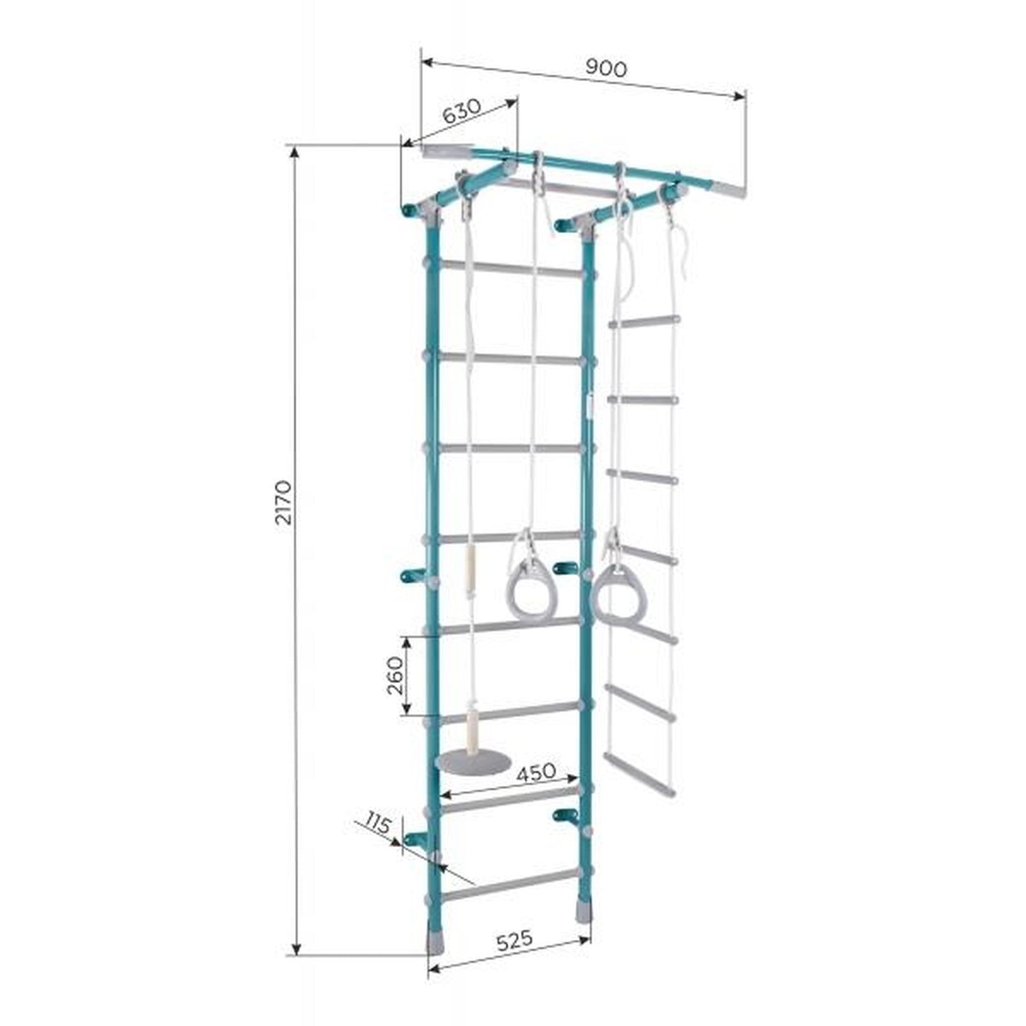 Children's Wall Gym with Stall Bars, Rings, Ladder, and Swing PASTEL1 217*63*52.5 cm