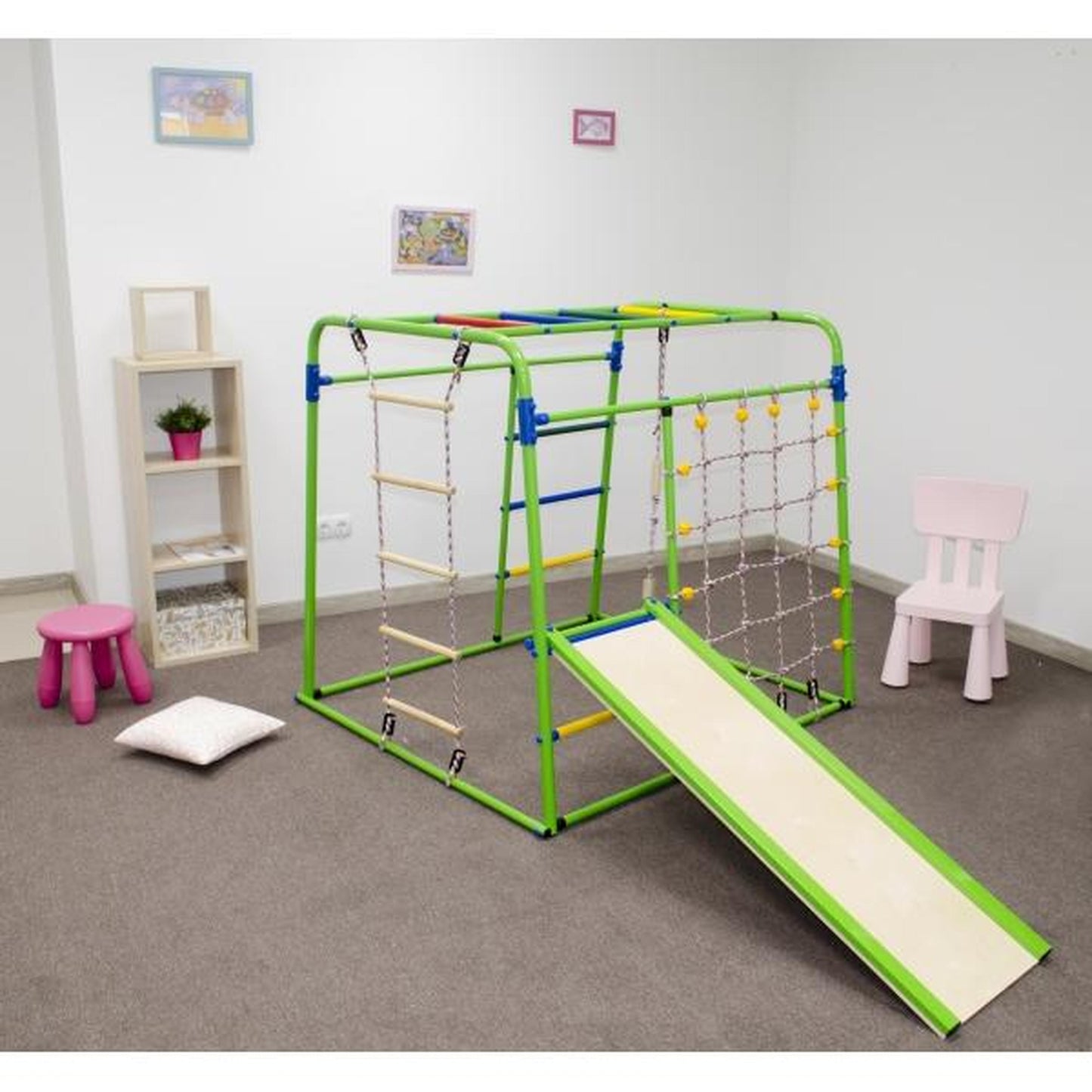 Salle de Jeux pour Enfants avec Échelle, Balançoire et Toboggan START BABY PLUS1 Blanc Arc-en-Ciel 123*133*120 cm