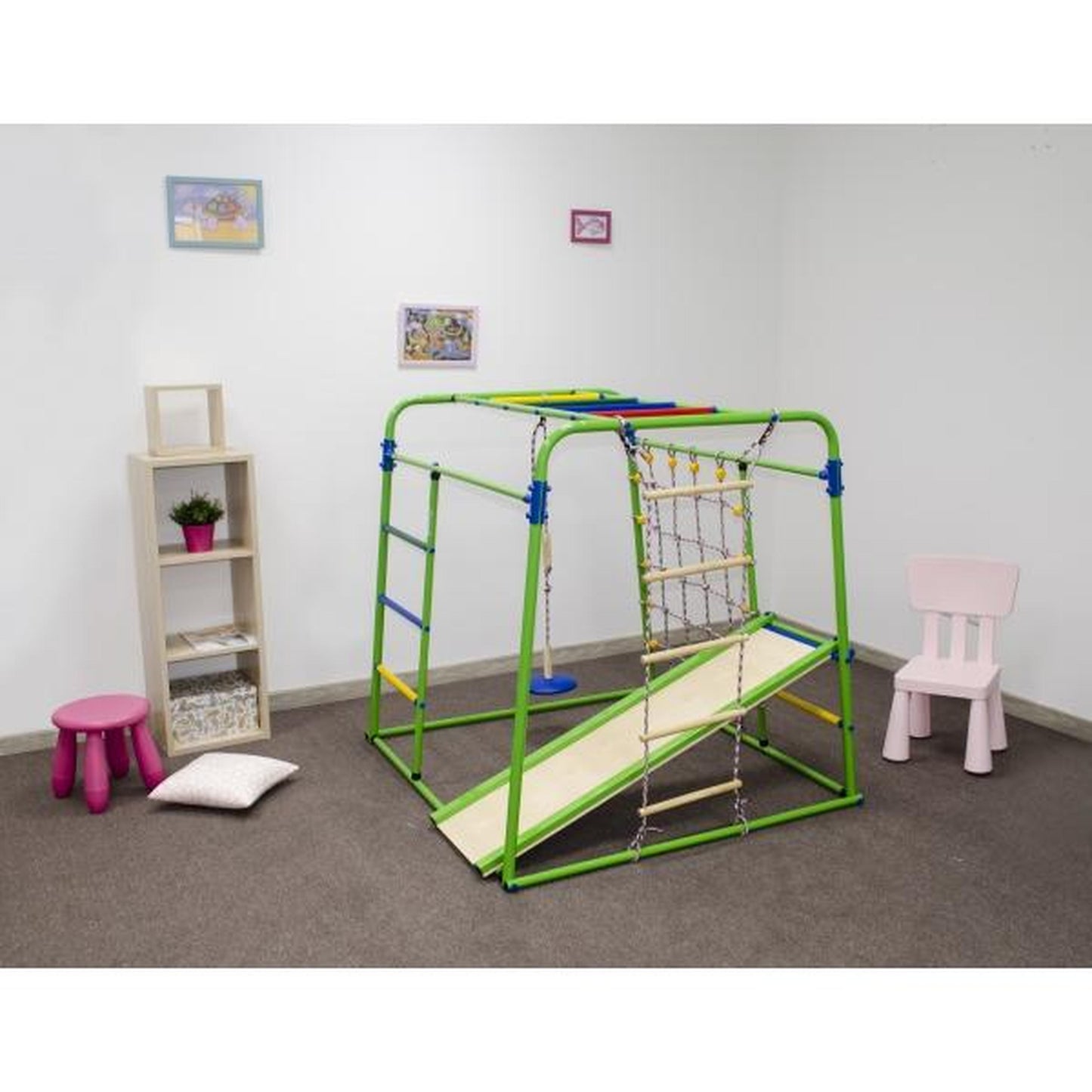 Salle de Jeux pour Enfants avec Échelle, Balançoire et Toboggan START BABY PLUS1 Blanc Arc-en-Ciel 123*133*120 cm