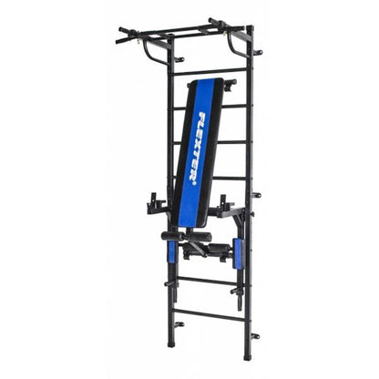 Salle de Gym Adulte Murale "3 en 1" avec Espalier, Barres pour Dips, Banc Pliable et Barre de Traction Bogatyr Flexter Blanc - Noir 246*110*68.5 cm